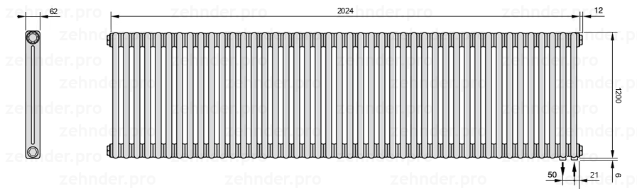 Схема (чертеж) Радиатор Zehnder Charleston 2120/44 №5510 Белый глянцевый RAL 9016